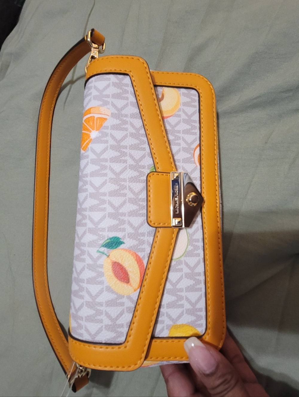Michael Kors Yellow Trim Peach-Print Shoulder Bag
